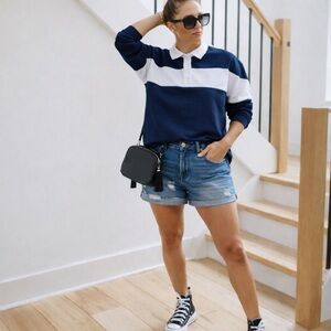 Preppy Colorblock Rugby Shirt Cropped Long Sleeve Navy White Size S